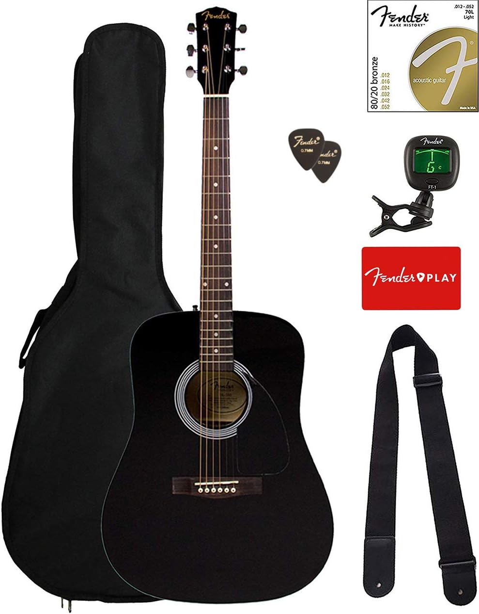 Fender FA-115 Dreadnought Acoustic Guitar – Black Bundle with Gig Bag, Tuner, Strings, Strap, and Picks Review